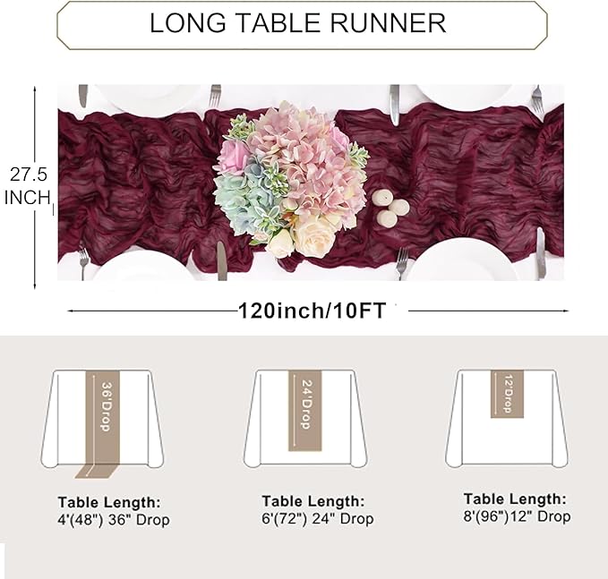 Snowkingdom 10 Ft Burgundy Red Fall Thanksgiving Cheesecloth Table Runner, Cheese Cloth Boho Rustic Gauze Runner for Wedding Bridal Baby Shower Birthday Christmas Sheer Home Table Decorations