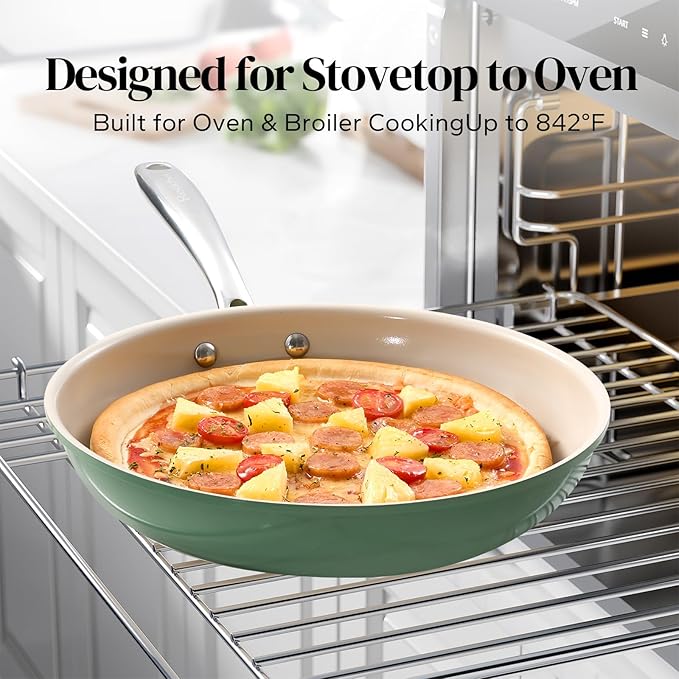 Redchef Nonstick Frying Pan Skillet, Ceramic Non-Stick Saute Pans, 11 inch Cooking Fry Pan with Stay Cool Handle, All Stovetops (Gas, Electric & Induction), Dishwasher/Oven Safe, PFAS-Free (Green)