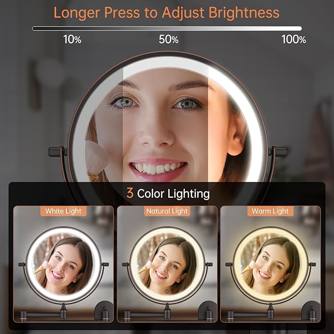 5000mAh Rechargeable Wall Mounted Lighted Makeup Vanity Mirror Double Sided 1X
