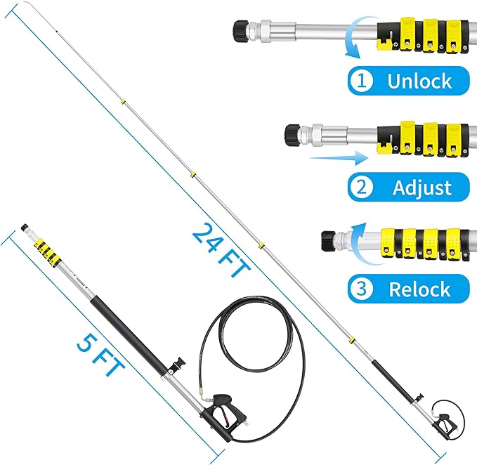 24 FT Telescoping Pressure Washer Wand Extension, Hot Water Supported Power Washer Extension Wand with Brush Head, 5 Nozzle Tips, 2 Adapters, Harness, Gutter Cleaning Tools from The Ground