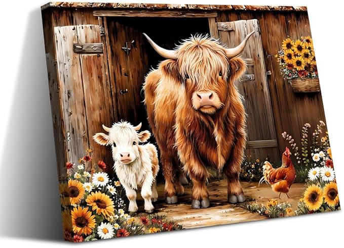 ZOIYINO Farmhouse Highland Cow Wall Art Rustic Country Sunflower Cow Pictures Wall Decor,Farm Animal Cattle Sunflower Prints Painting Modern Artwork Bedroom Living Room Home Decorations 12"X16"