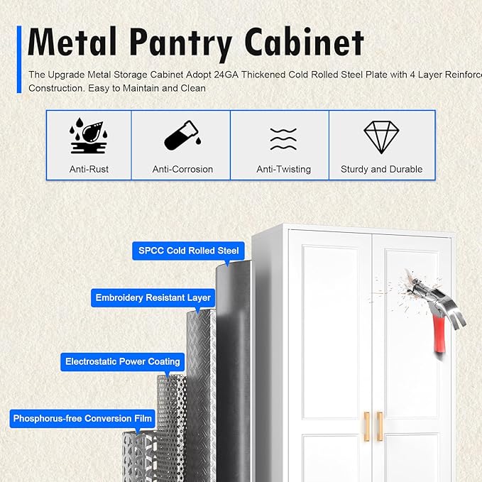 Kitchen Pantry Cabinet, 60 Inch Tall Pantry Storage Cabinet with Doors and Adjustable Shelves, Metal Storage Cabinet with Golden Handles for Dining, Living Room, Assembly Required, White