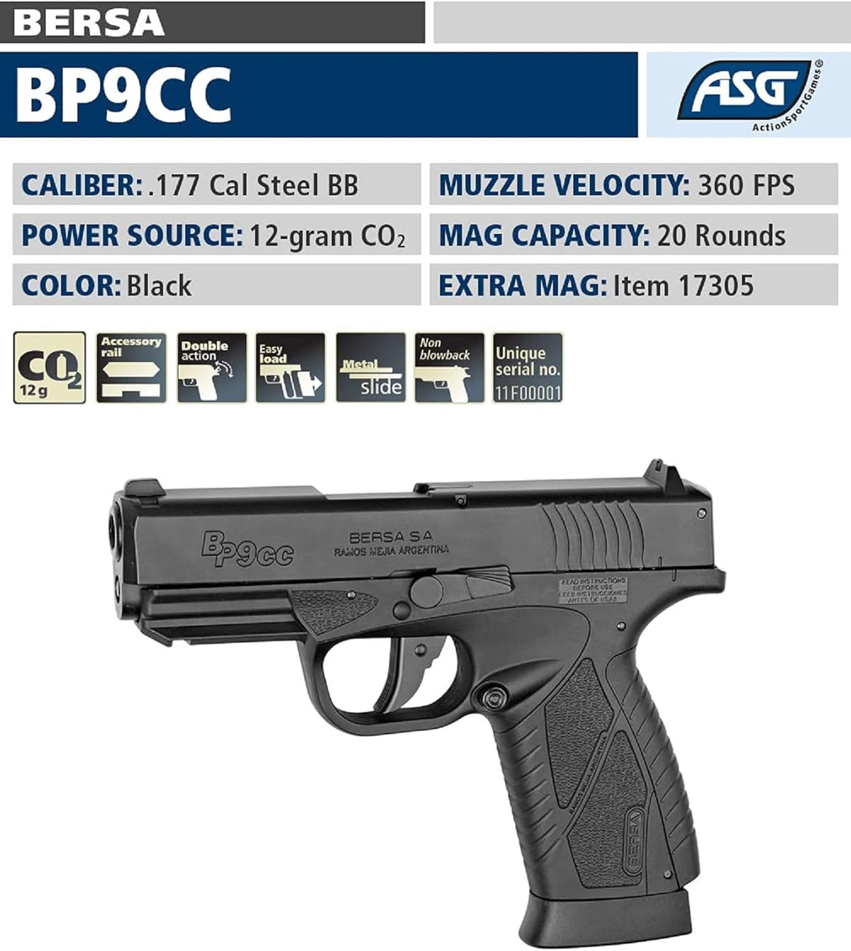 ASG BERSA BP9CC .177 Caliber Steel BB Gun - Non-Blowback Air Pistol for Precision Shooting