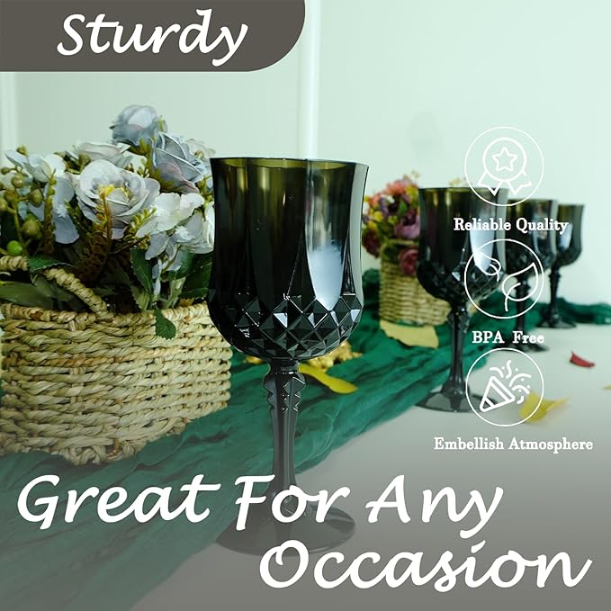 Plastic Wine Glasses，Plastic Goblets Vintage Style Cordial Drinking Glasses for Wedding Reception, Grand Event Party Supplies (48, Black)