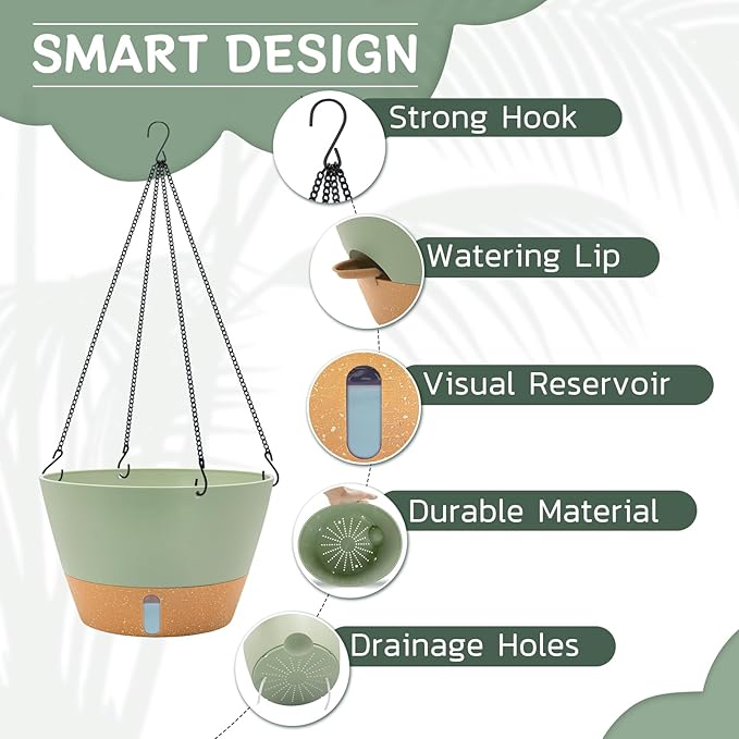 ZMTECH 2 Pack 12 Inch Hanging Planters for Indoor Plants, Large Green Self Watering Hanging Planter with Visible Water Level & Removable Tray, Decorative Flower Pots for Outdoor Garden