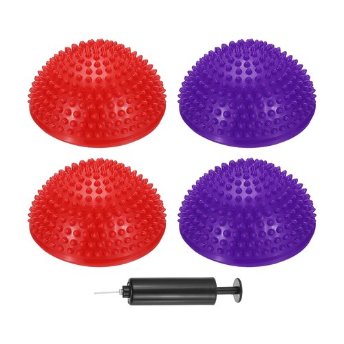 PATIKIL 4 Pcs Half Spiky Domes Balance Pods 6.7x3.1 Inch, Balance Trainer Dots with Hand Pump for Core Body Balancing Stability Training Foot Massage, Red/Purple