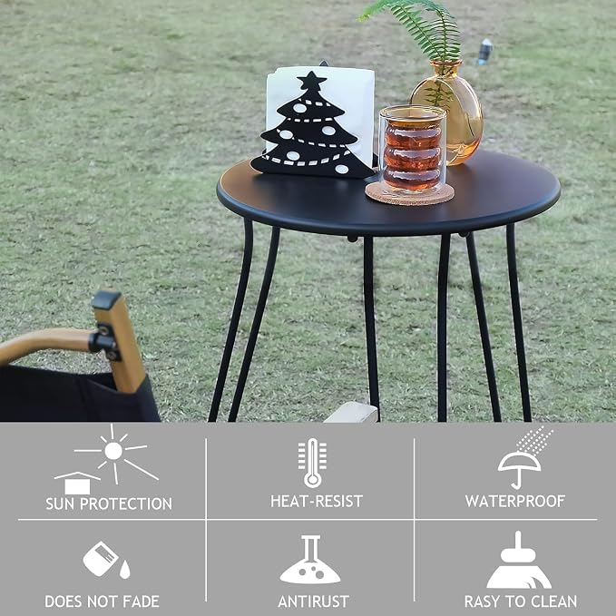 Small Patio Side Table, Weather Resistant Anti-Rust Outdoor Metal Patio Round End Table, Outdoor End Table for Garden, Porch, Balcony, Yard, (White)