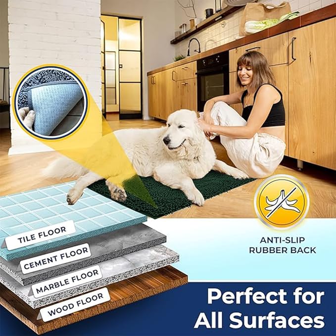 Muddy Mat Chenille Bathroom Rugs Quick Dry Microfiber Mats Non Slip Washable, Extra Thick, Soft and Highly Absorbent Bath Mats for Bathroom, Kitchen, and Shower Floor - Dark Green Large 35"X24"