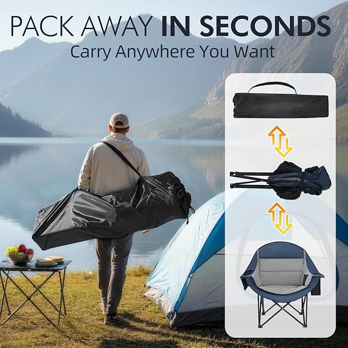 Oversized Camping Chairs for Adults - Heavy Duty Padded Outdoor Folding Lawn XL Camp Chair with Cup Holder Cooler Pockets for Sports Beach Fishing Garden Portable Supports 500lbs, Blue/Grey
