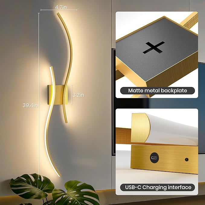 Battery Operated Wall Sconces Set of Two, 10000mAh Rechargeable Modern Wall
