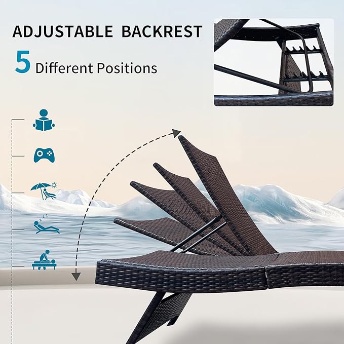 Set of Foldable Long Reclining Patio Seating Chairs, 2 Folding Chairs Patio Chaise Lounge, Outdoor Wicker Lounge Chaise, Rattan Chaise Lounge Lawn Sunbathing Recliner Beach Pool Backrest Recliners