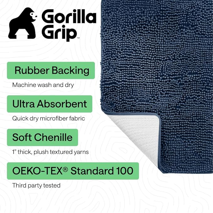 GORILLA GRIP Bath Rug Mat 60x24, Soft Absorbent Chenille, Quick Dry Microfiber Mats, Rubber Backing Washable Shower Floor Rugs, Bathmat Runner, US Designed Bathroom Home Decor Accessories Navy Blue