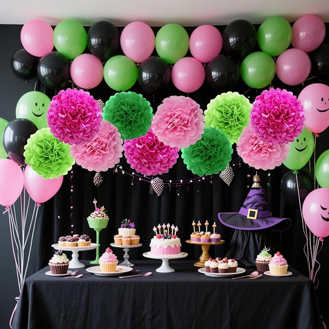 We Moment Pink and Green Tissue Paper Pom Poms，Hanging Pom Poms Flower for Pink Green Theme Party Birthday Wedding Decorations,12pcs 4 Colors of 12 Inch 10 Inch