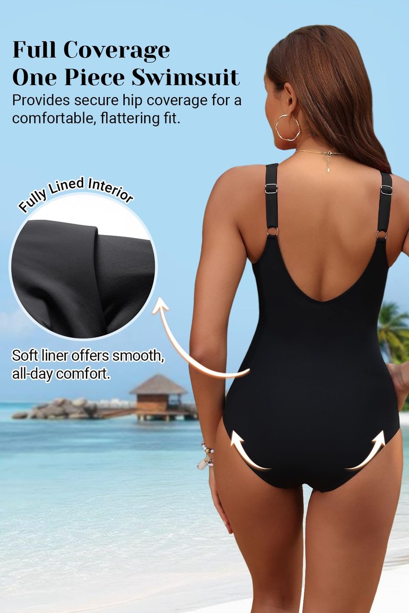 Holipick Black Plus Size Women Tummy Control One Piece Swimsuit - Push Up Bathing Suit Full Coverage Slimming Swimwear 20 Plus (US 20W)