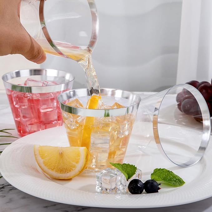 Nervure 240 PCS Silver Plastic Cups - 9Oz Silver Rimmed Plastic Cups - Heavy Duty Plastic Cup with Silver Rim Perfect for Weddings, Receptions & Parties