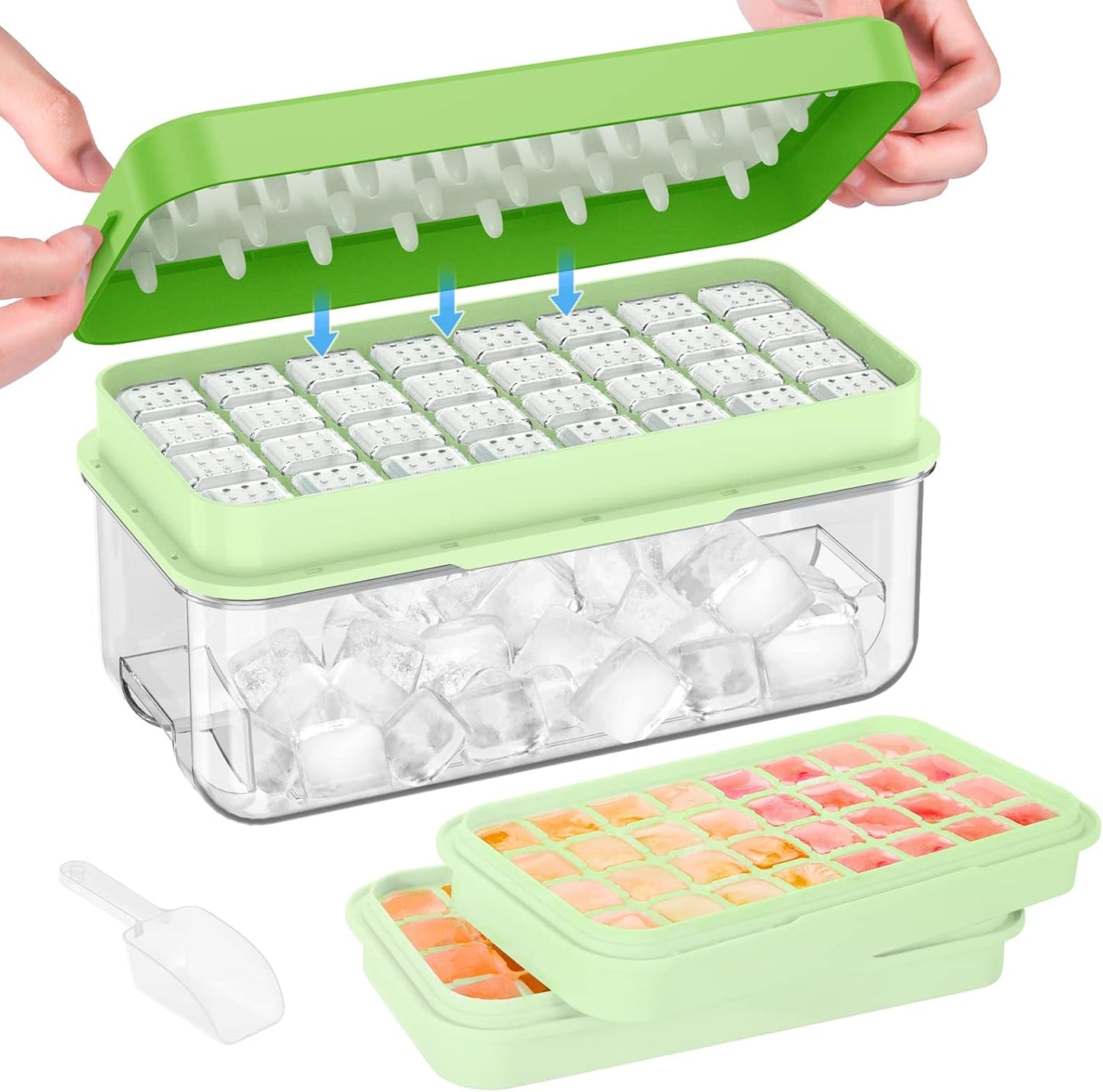 PHINOX Ice Cube Tray With Lid and Bin, Ice Trays for Freezer, Flexible Ice Cube Trays, Making 64 pcs Ice Cubes, Chilling Cocktail, Whiskey, Coffee, with 2 trays, Ice Container, Scoop&Cover, BPA Free
