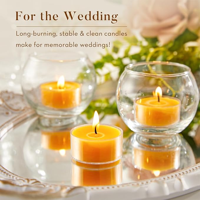 Unscented Beeswax Tea Lights Candles 20 Pack, 4 Hours Long Burning Handmade Yellow Tealight Candles, Clear Cup Smokeless Beeswax Candles for Wedding, Christmas Lights, Centerpiece & Home Decor