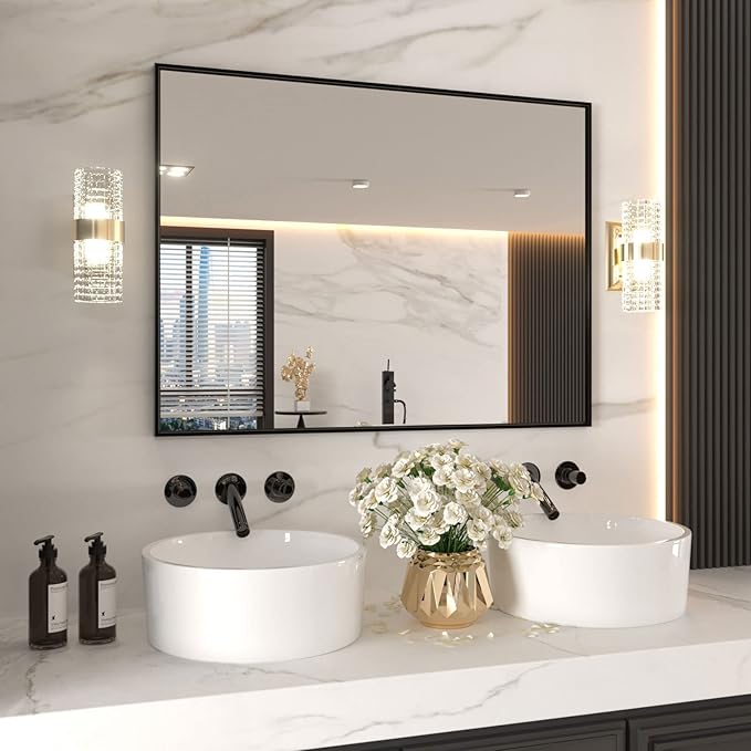 LOAAO 48"X32" Black Rectangle Bathroom Mirror Wall, Matte Black Aluminum Alloy