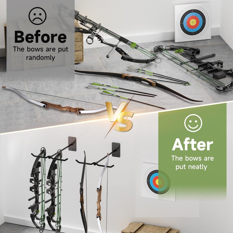 Bow Wall Hanger for Compound/Recurve Bows - Heavy Duty Steel Compound Bow Rack Wall Mount, 22LBS Capacity Recurve Bow Rack for Wall with Composite Padding, 2 Bow Vertical Storage Archery Bow Holder