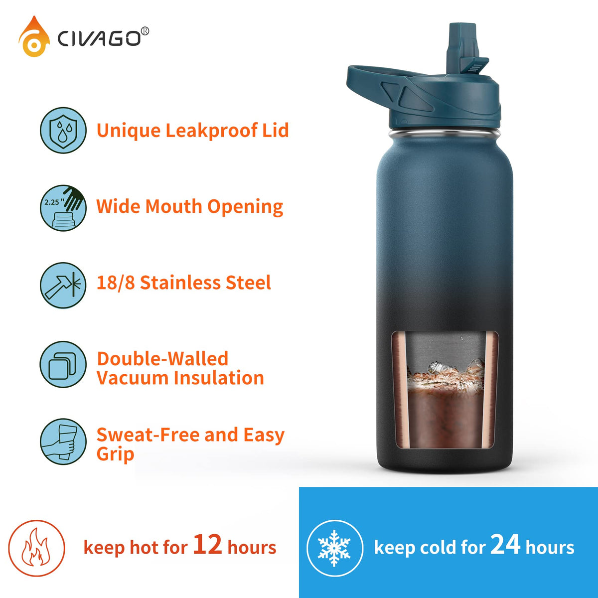 CIVAGO 32 oz Insulated Water Bottle With Straw, Stainless Steel Sports Water Cup Flask with 3 Lids, Wide Mouth Travel Thermal Mug, Red