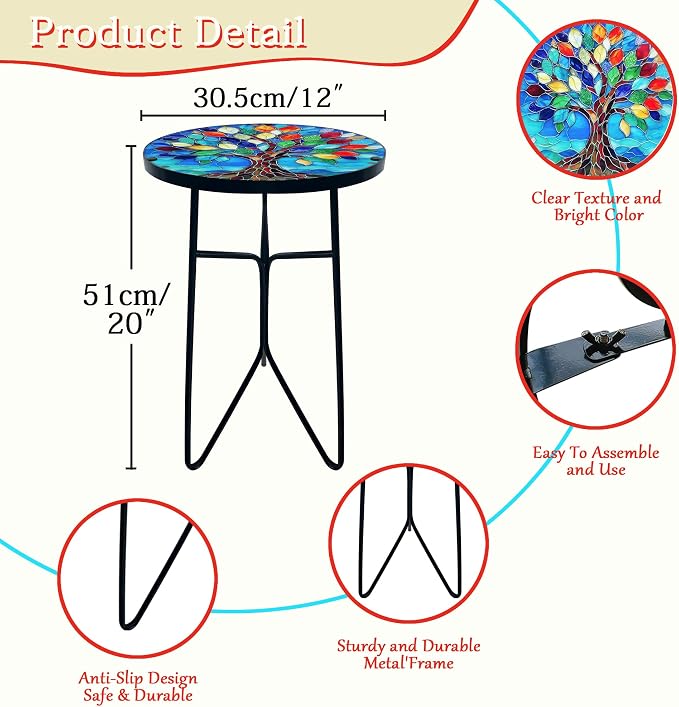 12 Inch Mosaic Colorful Tree of Life Patio Side Table, Small Round End Tables, Glass Plant Tables Indoor, Garden or Living Room Decor Afternoon Tea Dinner Table, Simple Assembly Cast Iron Plant Stand