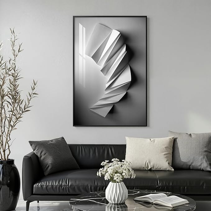 Framed Black and White Modern Elegant Abstract Wall Art, Large Contemporary
