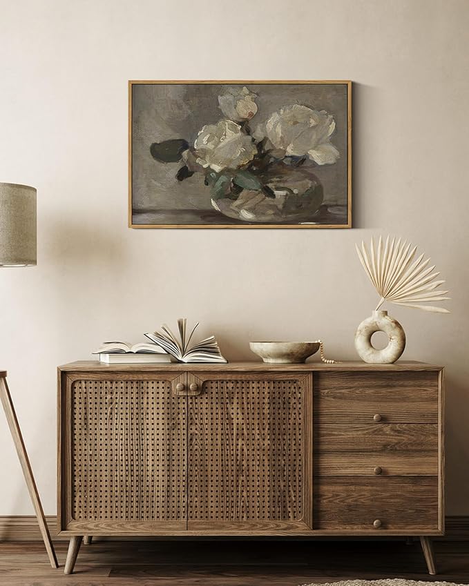 InSimSea Vintage Flower Canvas Wall Art Framed Wall Decorations, Mid Century Modern Wall Decor, Botanical Wall Art for Farmhouse Kitchen Office Bathroom Decor 16X24 Inch, Blumenstillleben