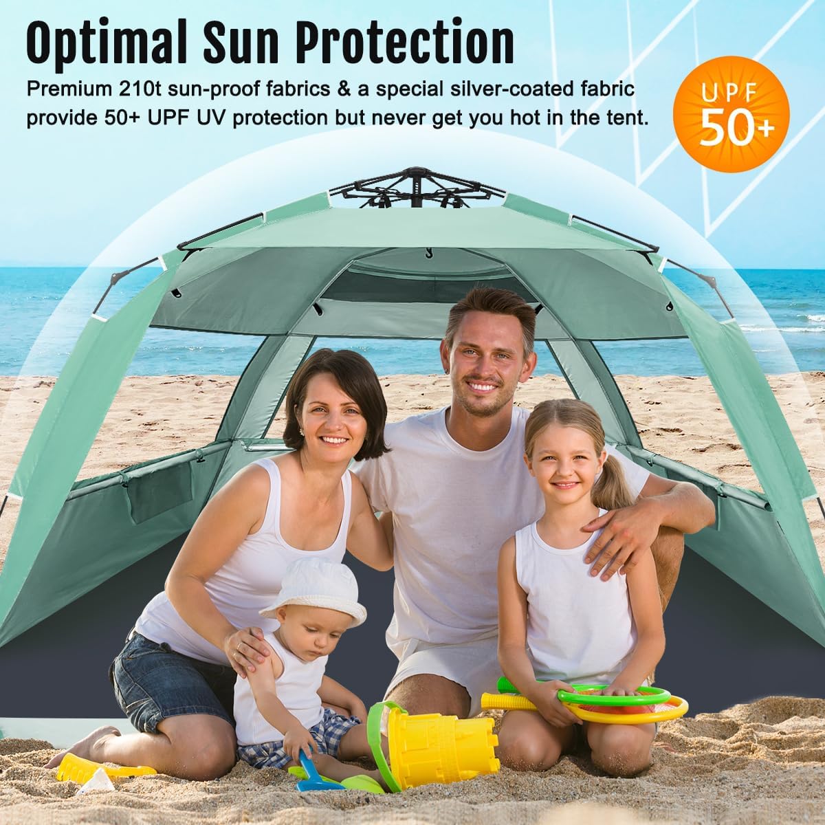 WhiteFang Deluxe Beach Tent - UV Protection Sun Shade Shelter for 3-6 People | Extendable Floor & Ventilating Windows