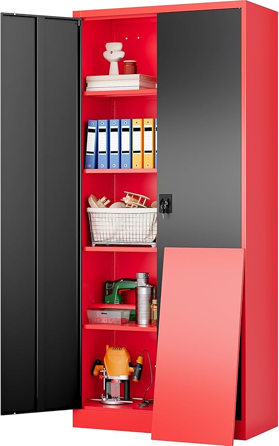 SISESOL Wide & Deep Metal Storage Cabinet with Lock & Adjustable Shelves,72" Red Black Garage Storage Cabinet with Locking Doors,Lockable Cabinets for Home,Office,Shop,Garage,Basement 72x36x18
