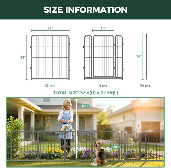 FXW Garden Fence Outdoor for the Yard – 32in(H) x 72.9ft(L) Heavy Duty Metal Animal Barrier for Dog, No Dig Decorative Dog Fence, 32 Panels, Silver
