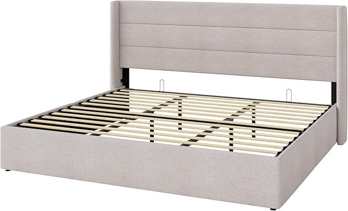 Allewie King Size Lift Up Storage Bed, Modern Wingback Headboard, Hydraulic Support, No Box Spring Needed, Light Beige