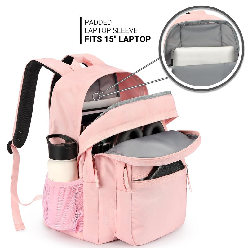 ZORFIN 26L Backpack for College, and Travel: Water Resistant Bookbag - Pink