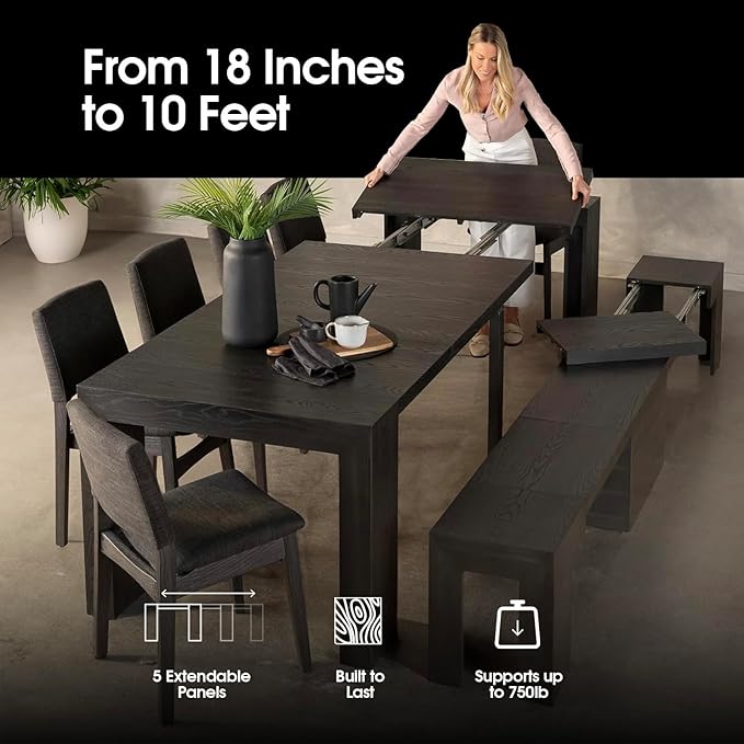 Transformer Table - Solid Wood Extendable Dining Table, Seats 2-12, Expandable Dining Room Table, Space-Saving Furniture, Kitchen and Dining Room Furniture (Black, Table + Bench + Coffee Table)