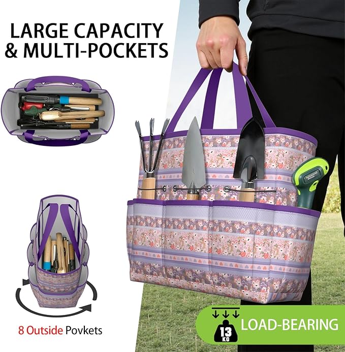 Boho Garden Tool Bag - Waterproof Floral Garden Tote with 8 Pockets, Large Storage Home Organizer Gardening Tool Oxford Bag for Garden Tools Kits Holder, Ideal Outdoor Gardening Gift for Women & Men