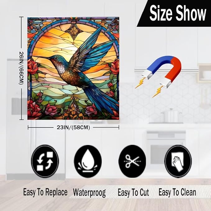 Hummingbird Dishwasher Covers for The Front, Stained Glass Window Refrigerator Door Cover Decals, Colorful Flower Vinyl Decal for Dishwasher, (23" x 26" Ordinary)