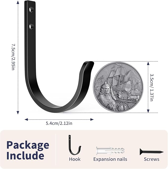 Wall Hooks 4 Pack, 22LB Load-Bearing Black Metal Heavy Duty Hooks