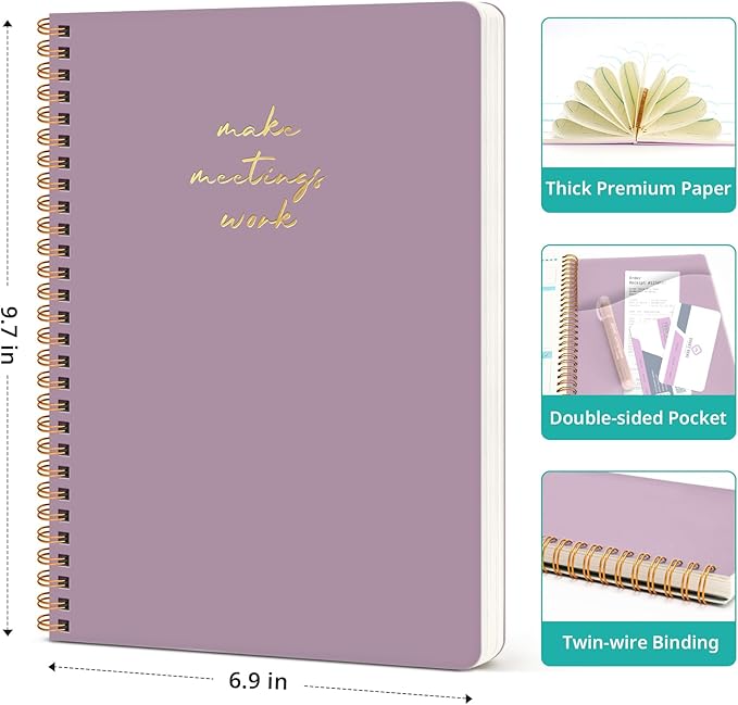 Taja Meeting Notebook for Work Organization - Work notebook with action items, Meeting Minutes Planner Notebook, Perfect Office Supplies for Men & Women - Purple