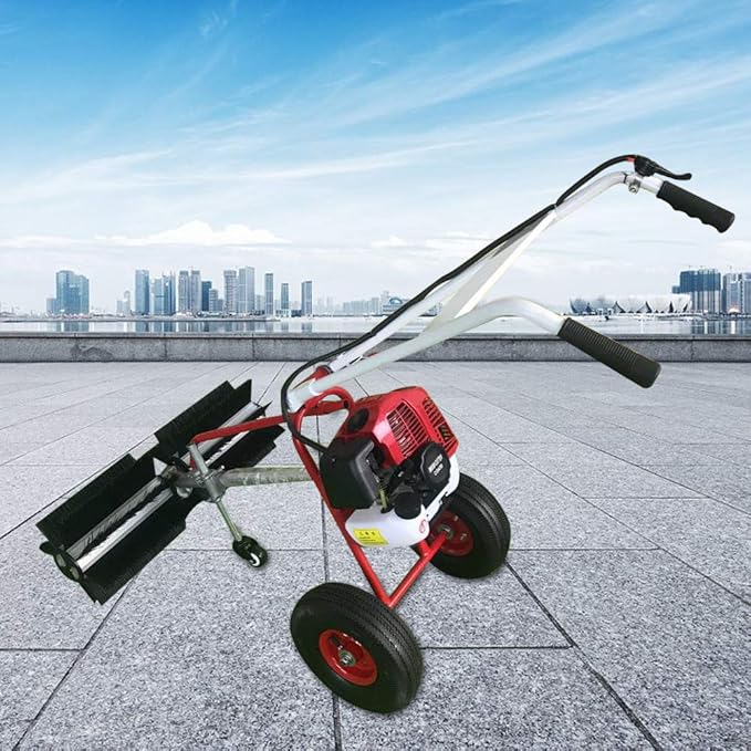 Handheld Sweeper 43CC 2 Stroke Gasoline Power Sweeper Outdoor Sweeping Broom 1.7HP Walk Behind Sweeper Cleaner Turf Lawns Driveway Grass Sweeping Cleaning Tool