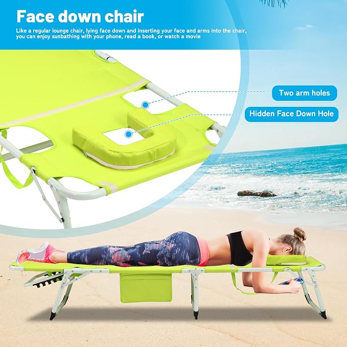 Outdoor Chaise Lounge with Detachable Pillow, Reclining Folding Chair with 5-Position Adjustable Back, Portable Tanning Chair For Beach, Pool, Lawn, Breathable Mesh Seat, No Assembly (Green 3)