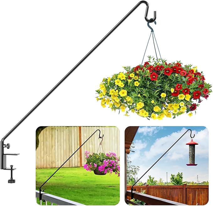 Idzo Deck Bird Feeder Hanger for Railing, 43in Deck Hook for Bird Feeder Pole, Sturdy 1 Piece Solid Steel Construction, 3in Non-Slip Clamp, Black