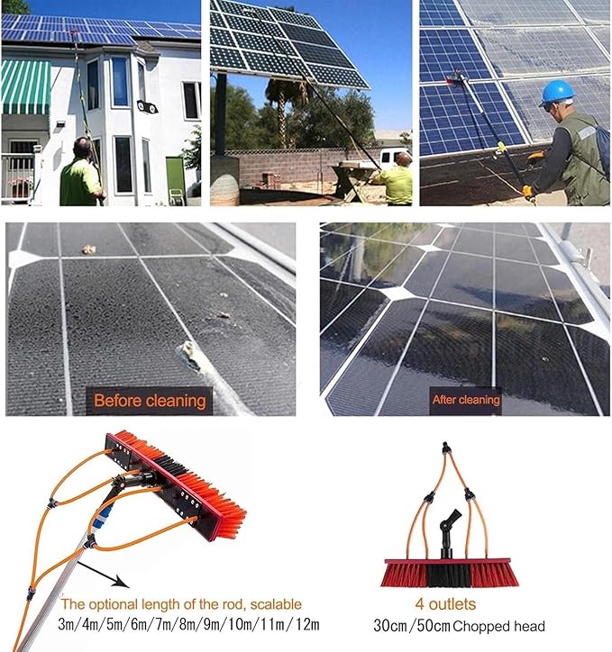 Window Cleaning Telescopic Pole Window Cleaning Kit, Window Cleaning Water Fed Poles Roof Cleaning Tools with 20M Water Supply Pipe, Solar Panel Cleaning Brush(50cm haed,12FT/3.6M)