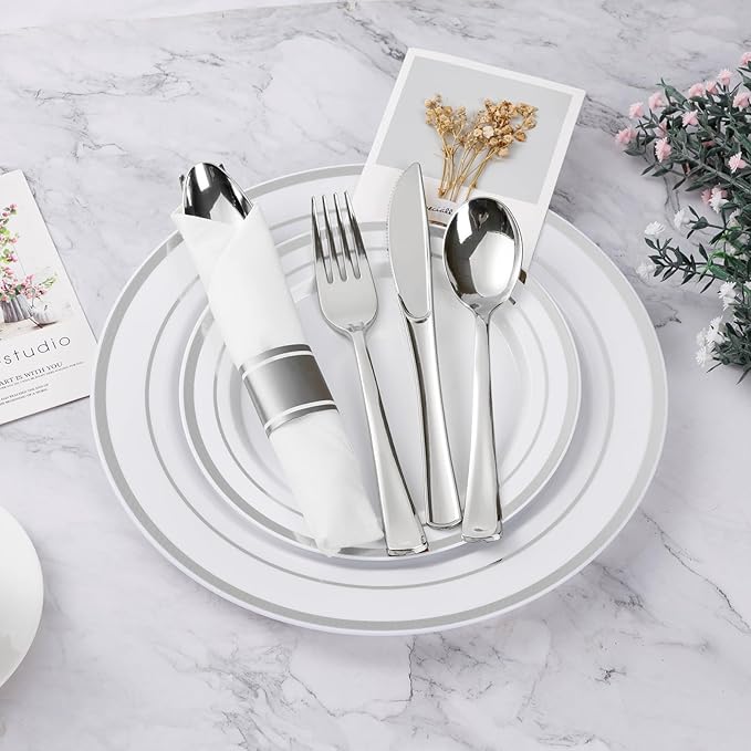 BESTVIP 525PCS Silver Plastic Dinnerware Set for 75 Guests, Disposable Plates for Party, Include: 150 Plastic Plates, 75 Pre Rolled Napkins with Silver Silverware, 75 Cups for Christmas