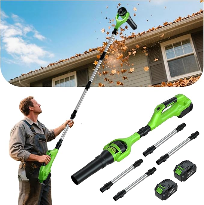 Roof Gutter Cleaning from The Ground, 21V Leaf Blowers Cordless with 2 Battery, Adjustable Pole (98inch)3 Speed Modes 500CFM/180MPH for Gutter Cleaner Extension Attachment Kit for Garden,House
