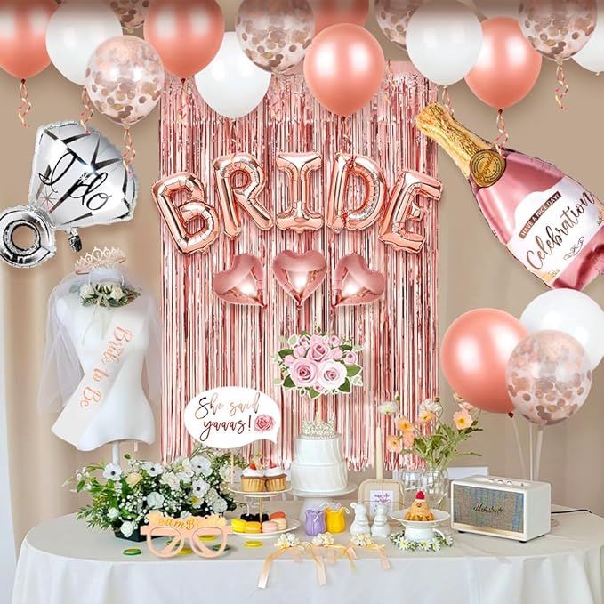 MOVINPE Bachelorette Party Decorations, Bride to Be Sash, Veil, Rhinestone Tiara, Dare Cards, Photo Booth Props, Foil Curtains, Tattoos, Rose Gold Bridal Shower Party Supplies Decor