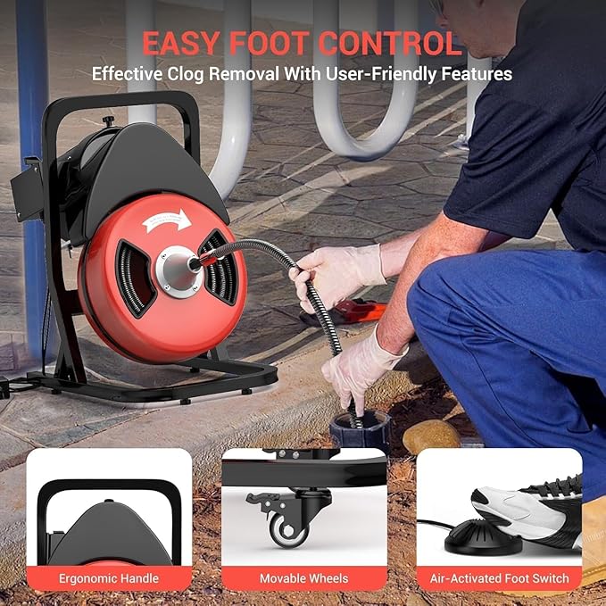 50FTx1/2 Inch Drain Cleaner Machine with Wheels, Sewer Snake Drain for 2" to 4" Pipes, Plumbing Snake Auger Cleaner with 6 Cutter & Foot Switch for Sewer, Sink, Toilet, Bathroom