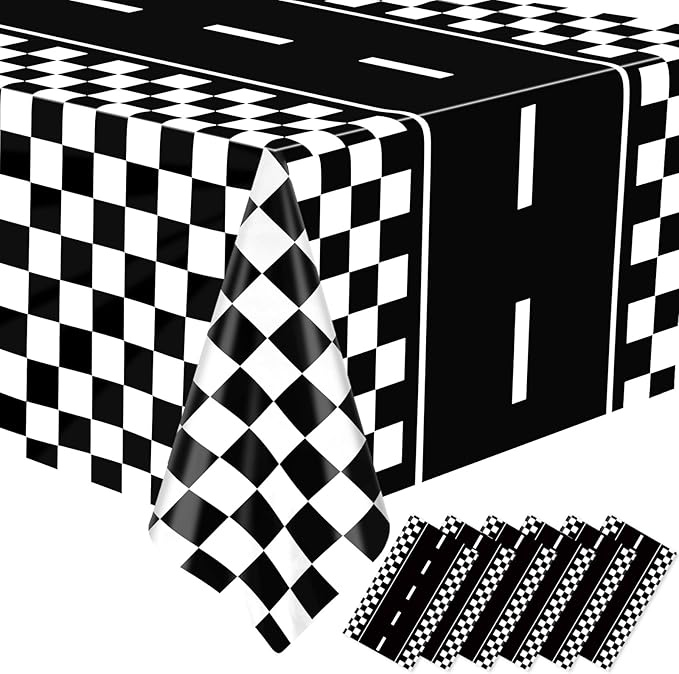 WNINK 6 Pack Race Car Table Cloth Black and White Gingham Tablecloths Disposable Plastic Buffalo Check Tablecloth Checkered Flag Covers for Birthday, Outdoor Picnic, Birthday, Camping 54 × 108 Inch