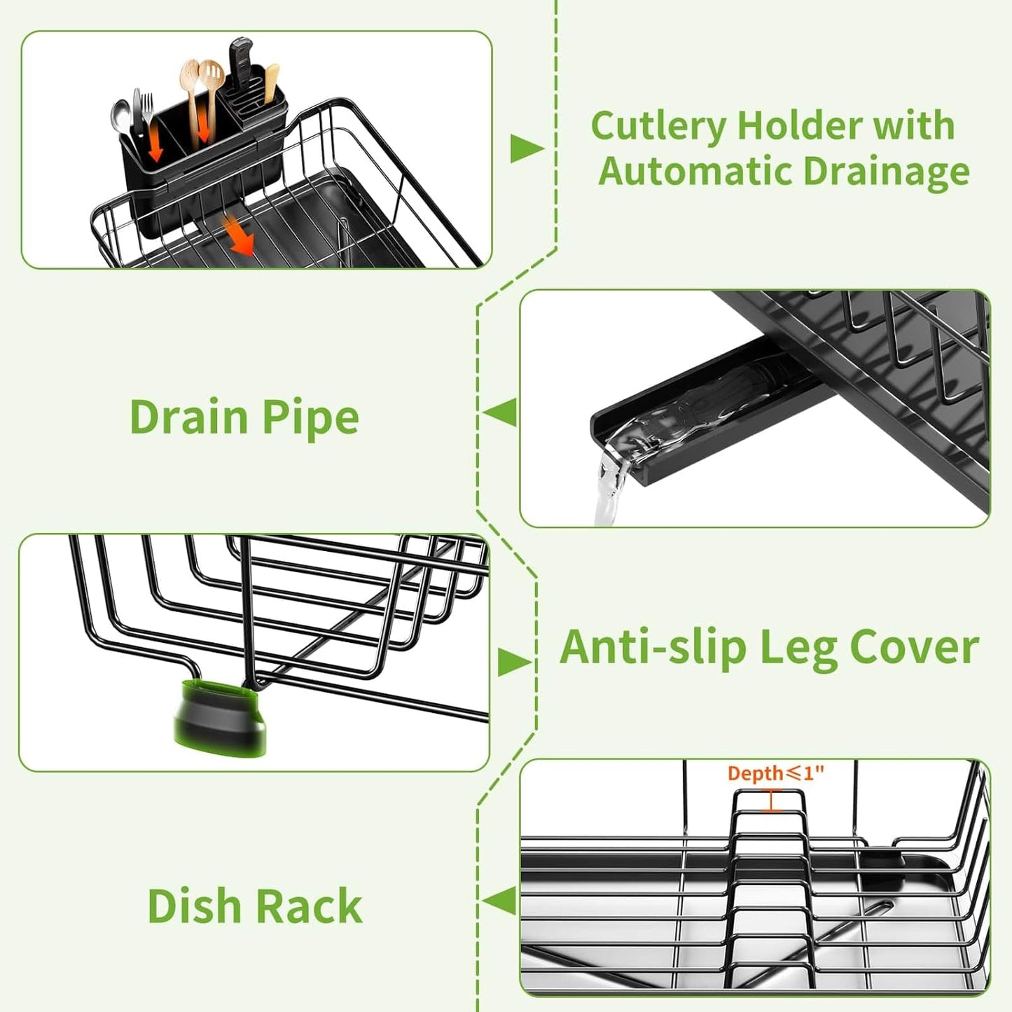 Dish Drying Rack with Drainboard for Kitchen Counter, Large Capacity Durable Rustproof Stainless Steel Dish Drainer Rack with Removable Flatware Caddy -Black