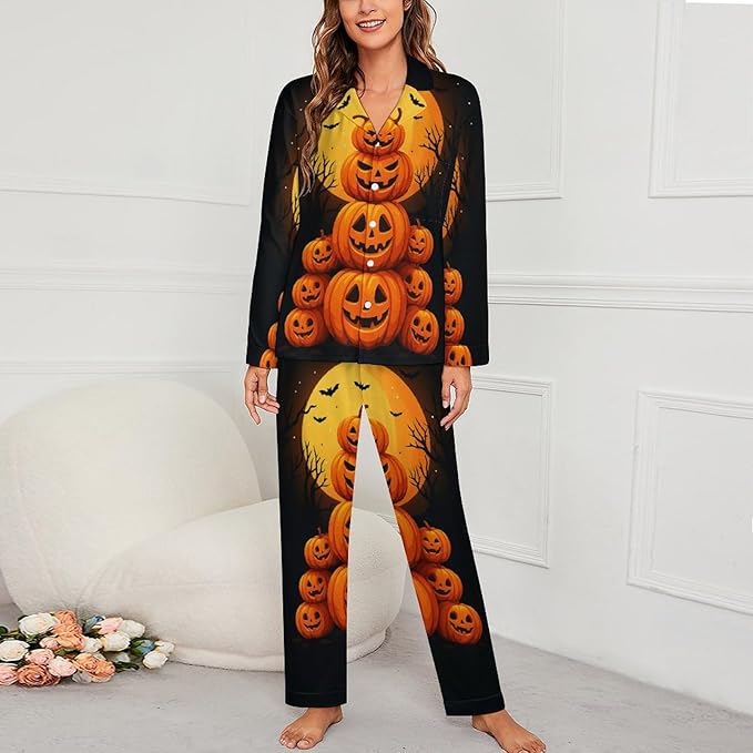 Lemons Leaves Ceramic Style Womens Pajama Set Long Sleeve Pajamas Top And Pants Soft Loungewear Pjs Sets