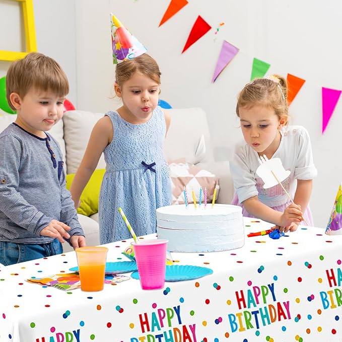 2 Packs Happy Birthday Tablecloth Plastic 54 X 108Inch, Birthday Party Decorations Table Cloth Disposable Colorful Rainbow Dots Birthday Table Cover for Boys Girls Birthday Party Supplies (Birthday)