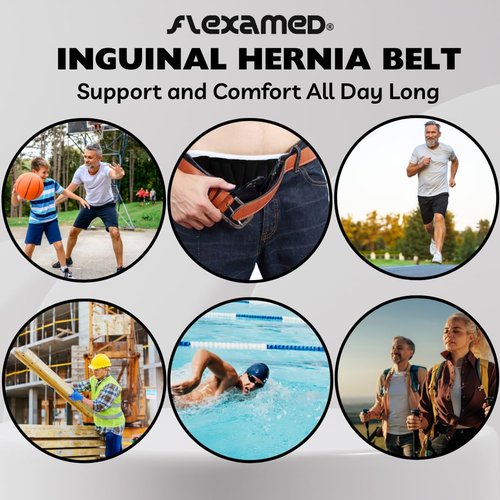 FlexaMed Right Side Inguinal Hernia Support Belt for Men and Women – Groin Truss with Compression Pad, Adjustable Waist Support, Black, Medium (32–36 Inch)